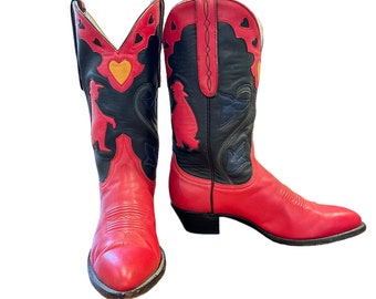 Size 8 M - Larry Mahan Women’s Vintage Cowboy Western Boots Heart And Crouching Man Inlay Design