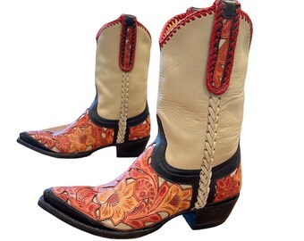 Size 7.5 B - Incredible Vintage Hand Tooled Cowboy Western Boots Floral Design