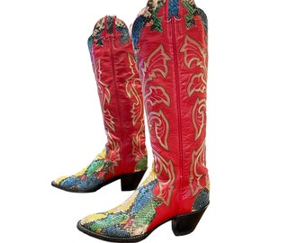 Size 6.5 M - Larry Mahan Women’s 1970’s Vintage Tall Cowboy Western Boots Rainbow Snakeskin Design