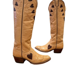 Size 6.5 A - Justin Wonens Vintage Tall Cowboy Western Boots Heart Inlays Tall