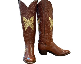 Size 9 B - Justin Women’s Tall Cowboy Western Boots Double Sided Butterfly Inlays