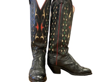 Size 6 C - Dan Post Women’s Tall Cowboy Western Boots Multi Color Unqiue Inlay Design