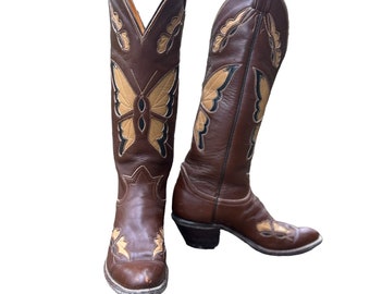 Size 6 M - Tony Lama Women’s Vintage Cowboy Western Boots Double Sided Butterfly Inlays