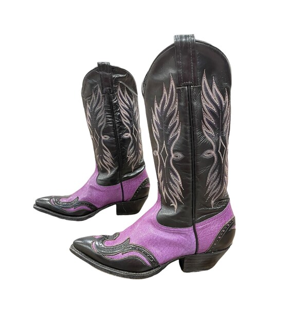 Size 6.5 W - Tony Lama Womens Cowboy Western Boots Two Tone Purple and Black Leather