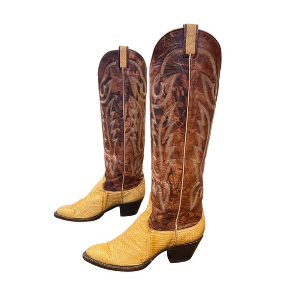 Size 7.5 M - Larry Mahan 1970’s Tall Womens Snakeskin Cowboy Western Boots Marbled Leather