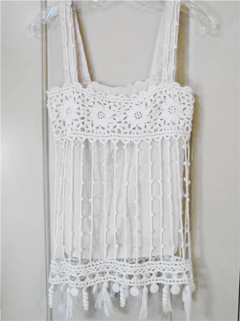 Crochet & Fabric Tank Top Camisole Blouse White Fringed Etsy