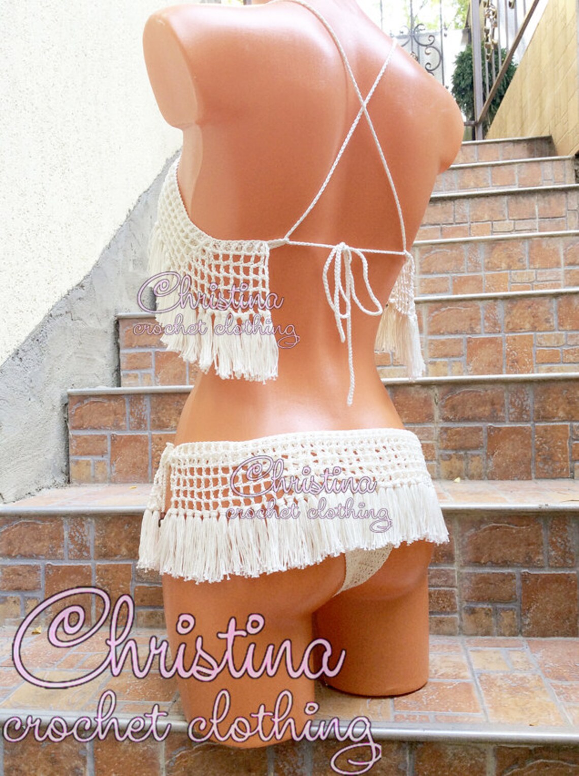 Crochet bikini fringe tassels swimsuit top bottom sexy boho Etsy