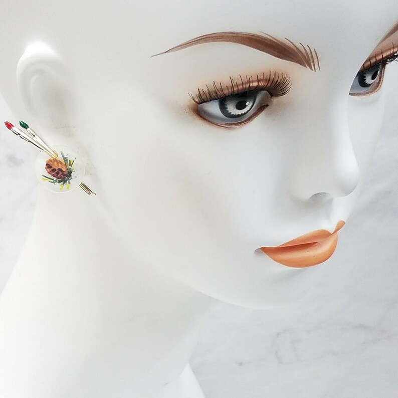 Vintage Hand Painted Mother Of Pearl Earrings Palette Brush Pine Cone Screw Back