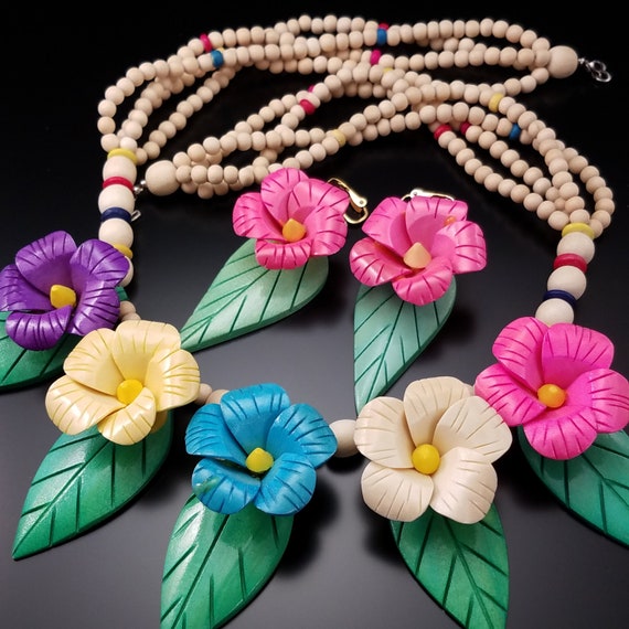 Teal with Pink Needlepoint Flowers Polymer Clay Necklace and Earrings Set