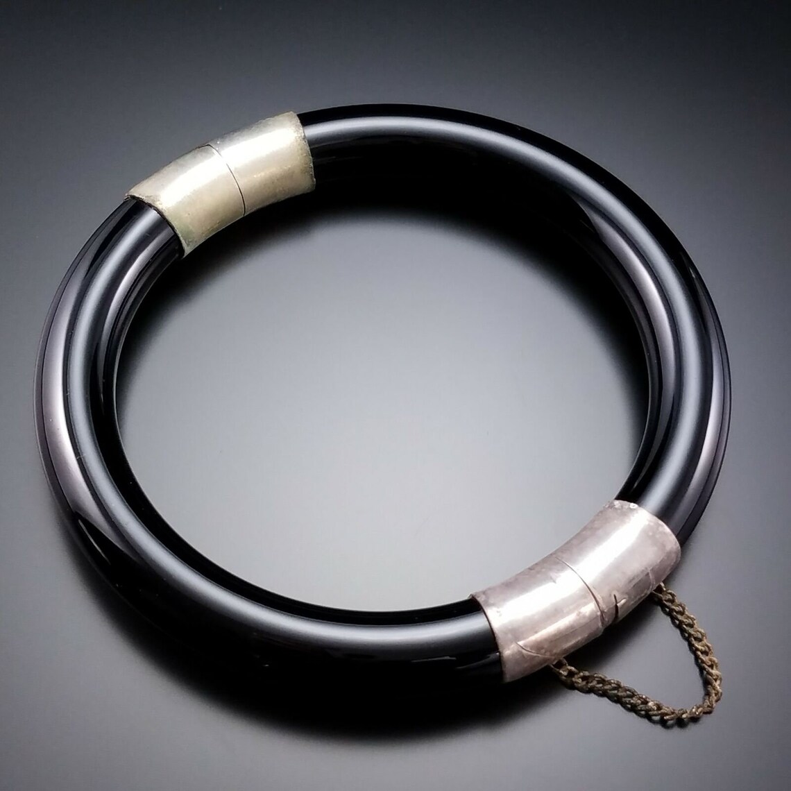 Vintage Chinese Export Bracelet Black Glass Bangle Sterling | Etsy