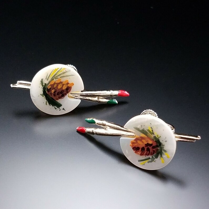 Vintage Hand Painted Mother Of Pearl Earrings Palette Brush Pine Cone Screw Back
