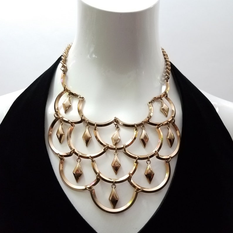 Antique Art Deco Gold Necklace Floating Diamond Link Bib Estate Costume Jewelry