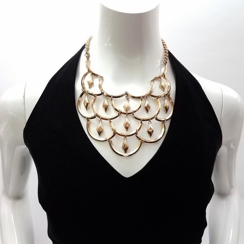 Antique Art Deco Gold Necklace Floating Diamond Link Bib Estate Costume Jewelry