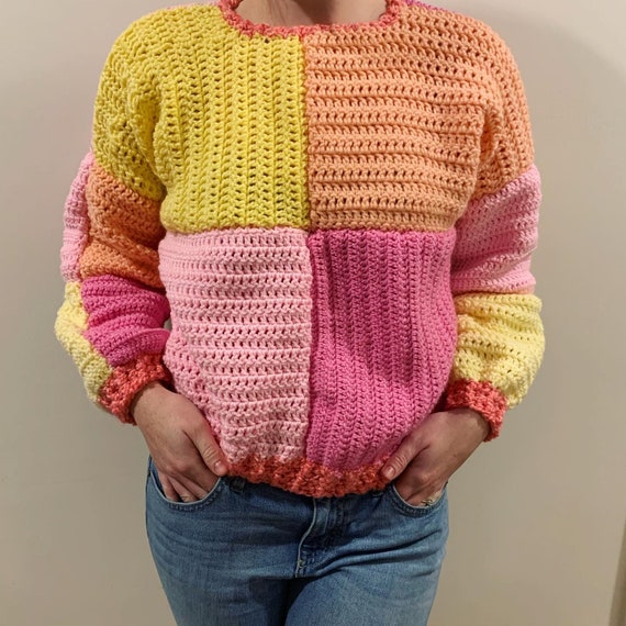 Color Block Patchwork Crochet Strawberry Lemonade Sweater — Spotterie