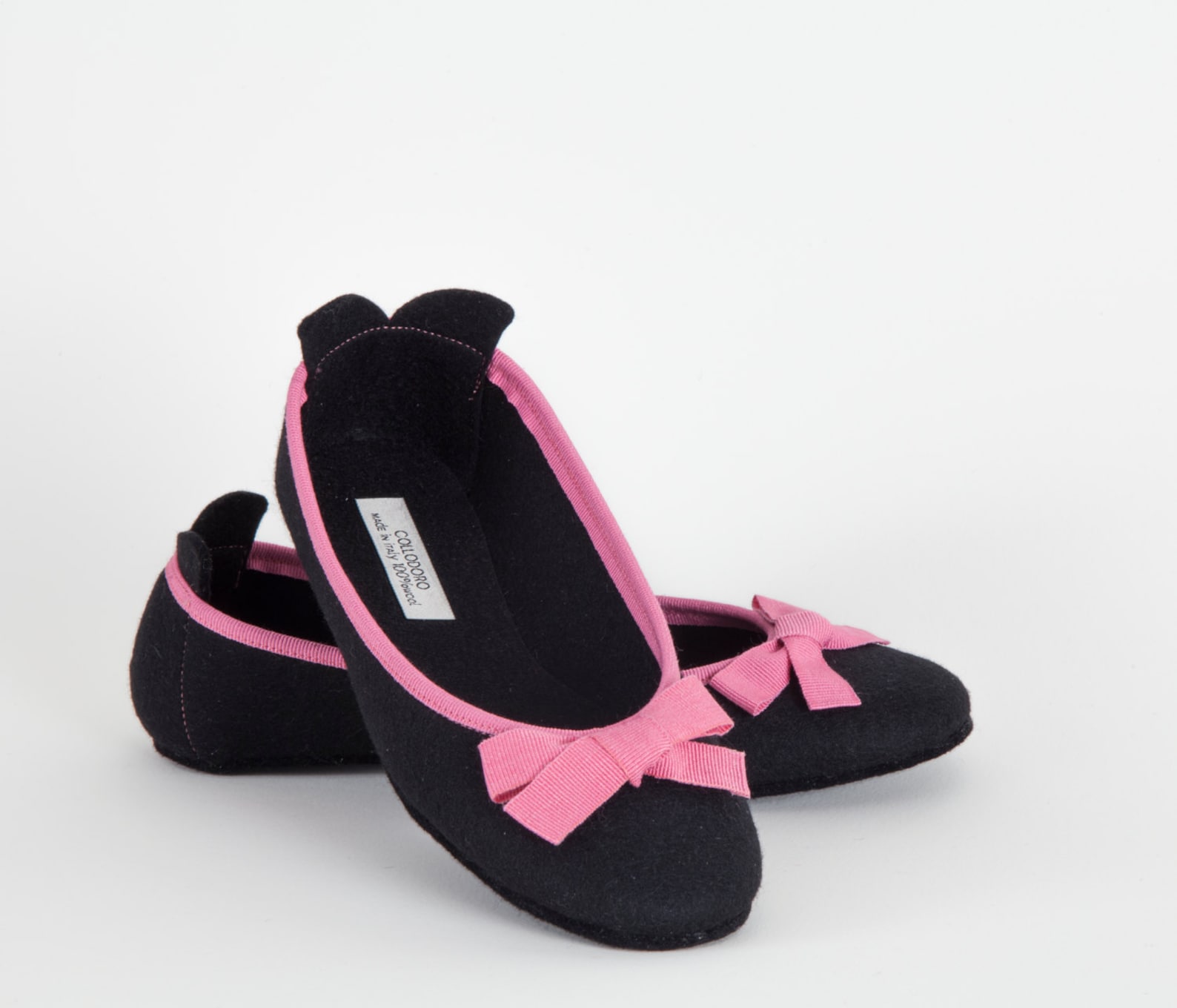 women's slippers- black ballet flat -merino wool felt- handmade in italy- grosgrain ribbon & bow- size eu 37