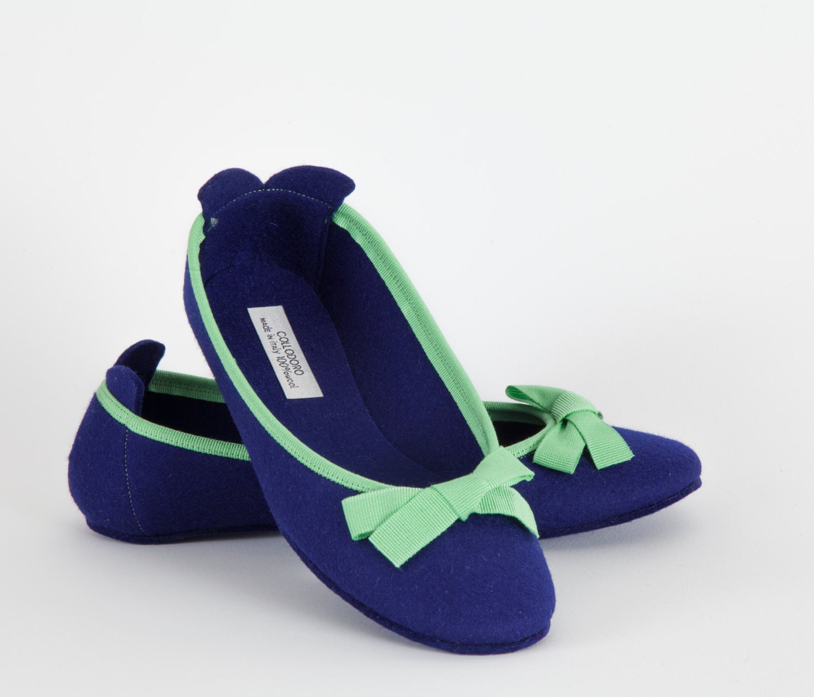 women's slippers- blue ballet flat- merino wool felt- handmade in italy- grosgrain ribbon & bow- size eu 36