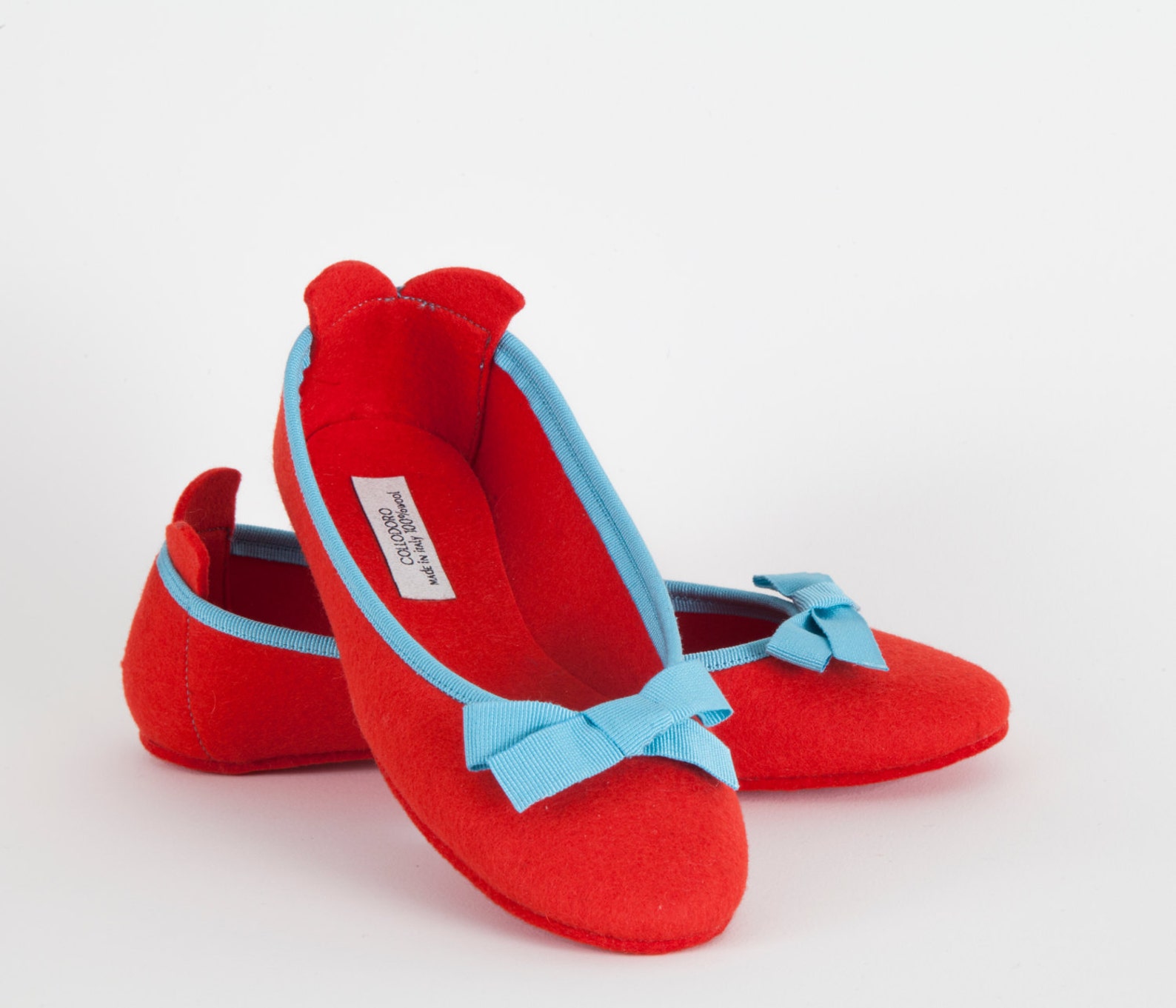 women's slippers- red ballet flat- merino wool felt- handmade in italy- grosgrain ribbon & bow- size eu 36