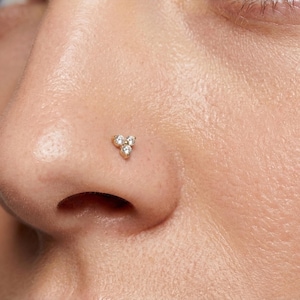 May include: Close-up of a nose with a small, gold nose stud. The stud features three small, clear gemstones arranged in a triangular shape. The skin around the nose is smooth and light-toned.