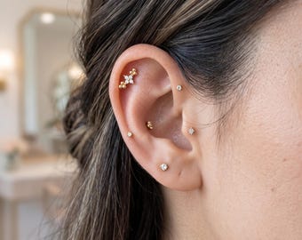 14K Solid Gold Floral CZ Cartilage Earring | Flower Cluster Stud | 18G 8mm Internally Threaded Helix Tragus Jewelry