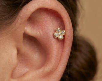 14K Solid Gold Clover Cartilage | Four Leaf Flower Earring | CZ Cartilage Piercing Jewelry | Helix Tragus Stud | Flower Helix