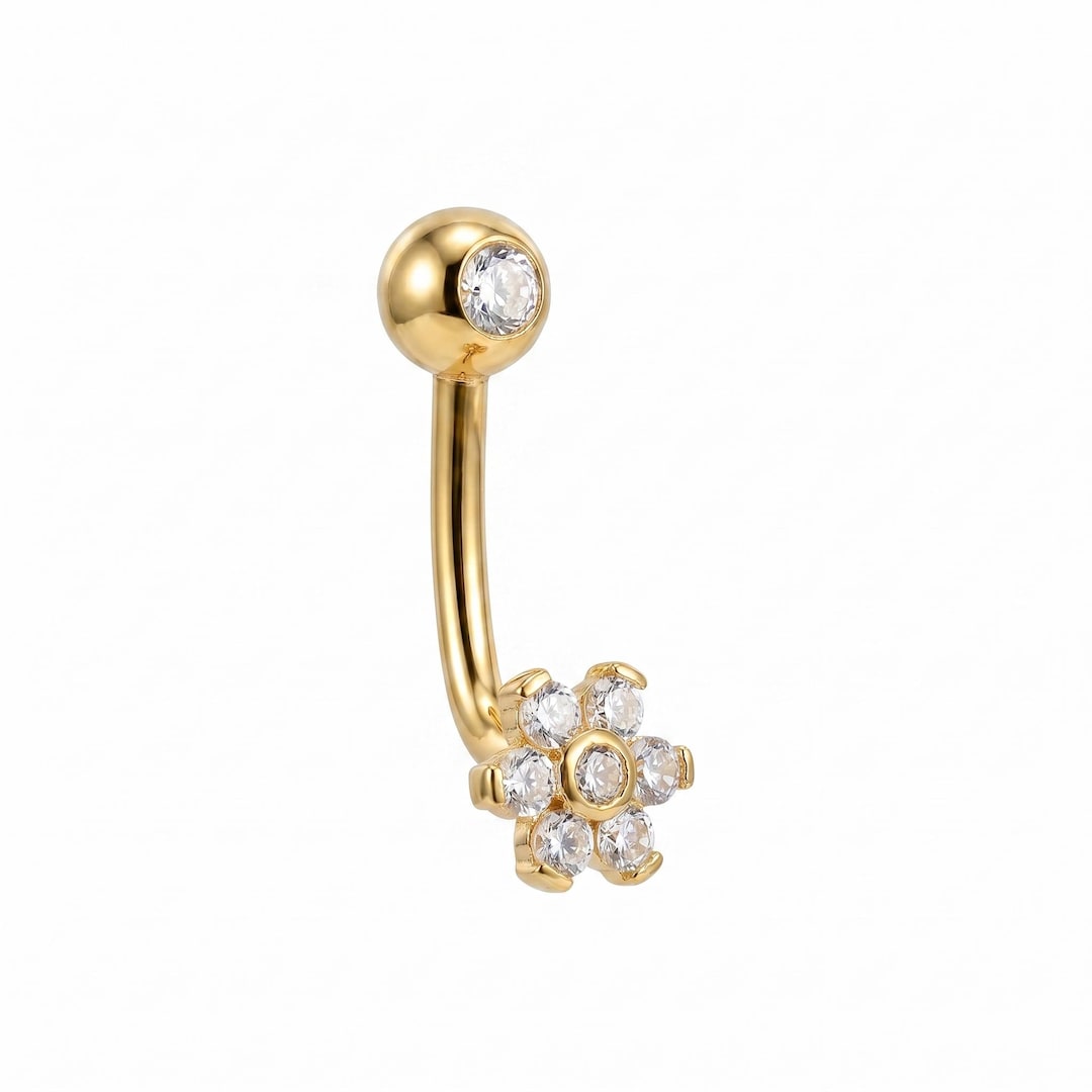 14K Solid Gold Christina Piercing J Bar | CZ Flower Cluster