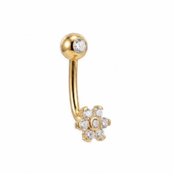 14K Solid Gold Christina Piercing J Bar | CZ Flower Cluster