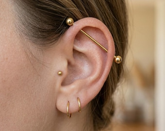 10K Solid Gold Industrial Barbell | 14G 37mm Straight Bar | External Thread Scaffold Earring | Cartilage Piercing Jewelry
