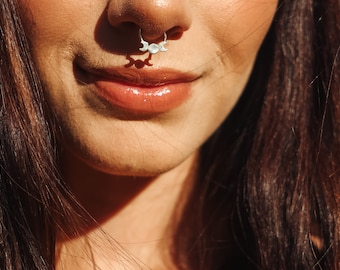 10K Solid Gold Triple Moon Septum Ring | Crescent Moon Nose Hoop 18G 8mm | Celestial Clicker | Daith Helix Cartilage Earring