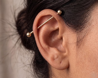 14K Solid Gold Industrial Barbell | 18G 38mm Straight Bar | External Thread Scaffold Earring | Gold Cartilage Bar Piercing Jewelry