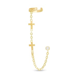10kt Solid Gold | Ear Cuff With Chain and Crosses | Solid Gold | Gold Ear Cuff | Minimalist Ear Cuff | Fake Helix Piercing | Gold Ear Wrap