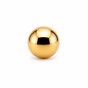May include: A shiny, golden sphere with a reflective surface. The ball is perfectly round and appears to be made of metal. The object is set against a plain white background, highlighting its polished finish.