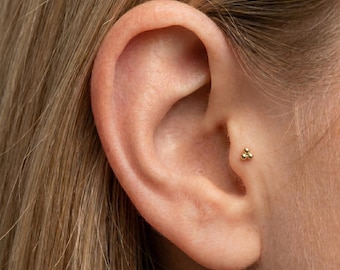 14K Solid Gold Beaded Cartilage Earring | Flat Back Ball Cluster Stud | 18G 8mm Internally Threaded Helix Tragus Labret Jewelry