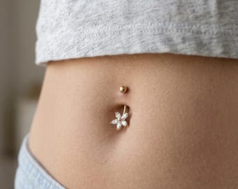 OUFER 14G Gouden Navelpiercing Chirurgisch Staal 316L Bloem Buikpiercing Transparant/Zwart Marquise CZ Navelring Belly Button Bar voor Vrouwen 8/10 mm, 14G8MM, Roestvrij staal, Zirkonia