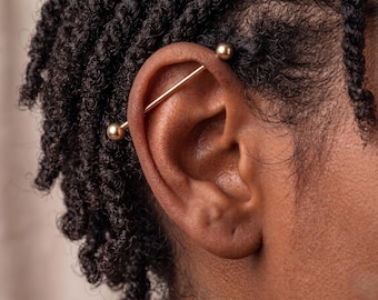 10K Solid Gold Industrial Barbell | 18G 38mm Straight Bar | External Thread Earring | Gold Cartilage Bar Piercing Jewelry