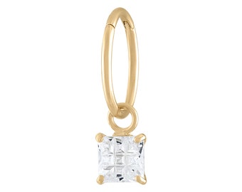 14kt Solid Gold | Hoop Belly Ring | Belly Button Rings | 10K Charm | Square CZ Charm I Personalized Jewelry | Clicker Belly Hoop