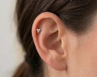 14K Solid Gold CZ Cluster Flat Back Earring | Trio Cartilage Stud | 18G 8mm Internally Threaded Helix Tragus Labret Jewelry
