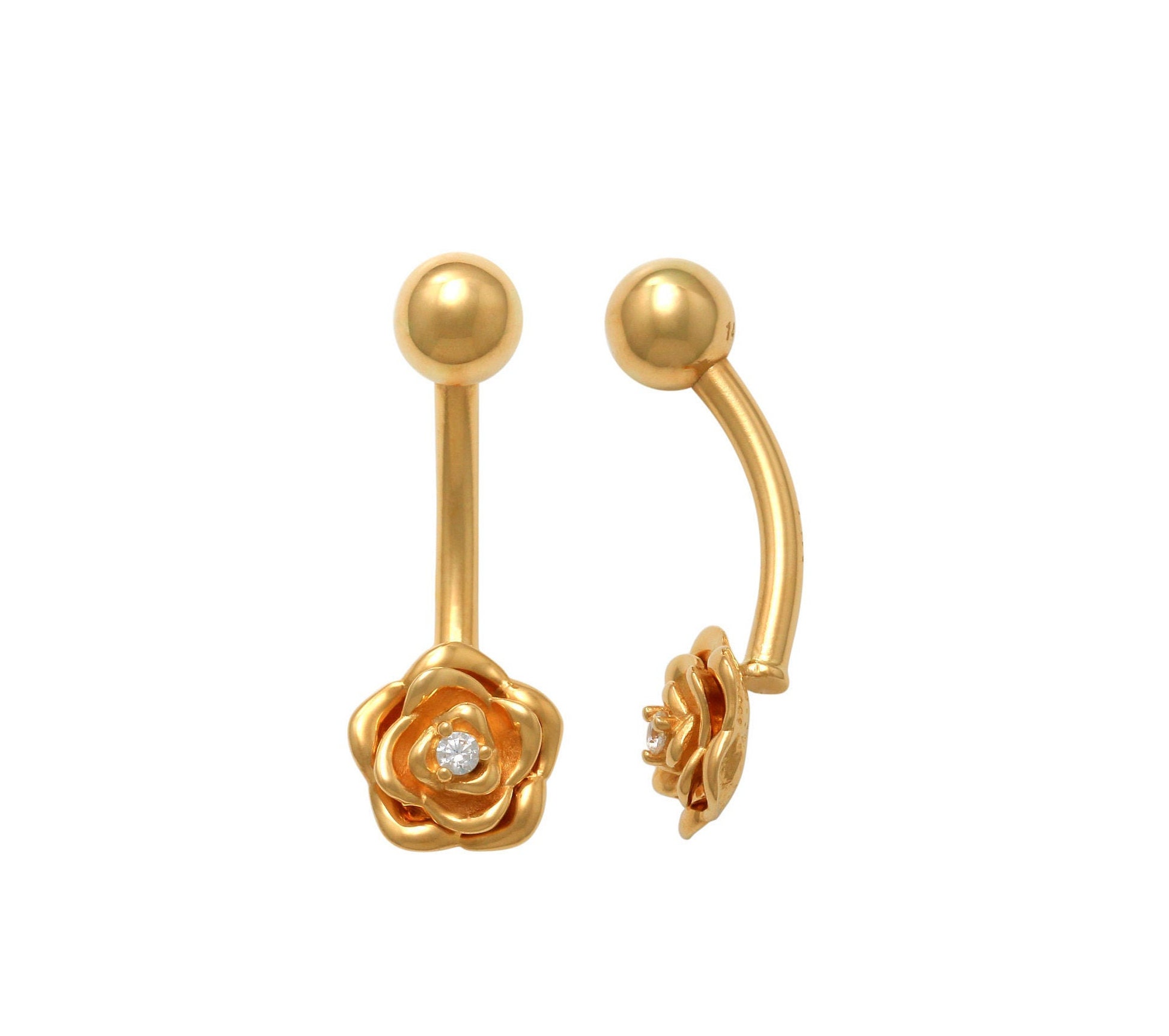 14kt Solid Gold | Genuine Diamond Belly Rings | Body Jewelry | Dangle Belly Ring | Flower Belly Ring I Diamond Belly Ring