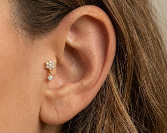 14K Solid Gold CZ Cluster Dangle Flat Back Earring | Drop Cartilage Stud | 18G 8mm Internally Threaded Helix Tragus Jewelry