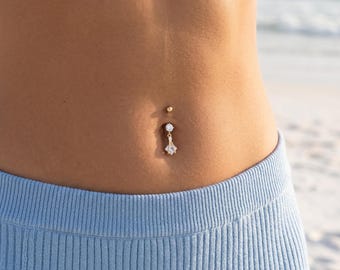 10K Solid Gold Dangling Belly Ring | Princess Cut CZ Navel Ring | 14G Twisted Gold Belly Button Ring | Fine Body Jewelry