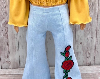Pantaloni a zampa blu con rosa ricamata, vestiti per bambole da 18 pollici