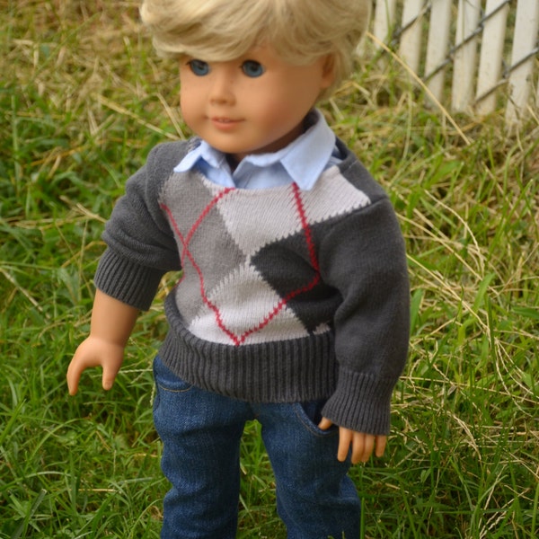 Gray argyle style sweater for 18 inch dolls like American Girl dolls boy or girl