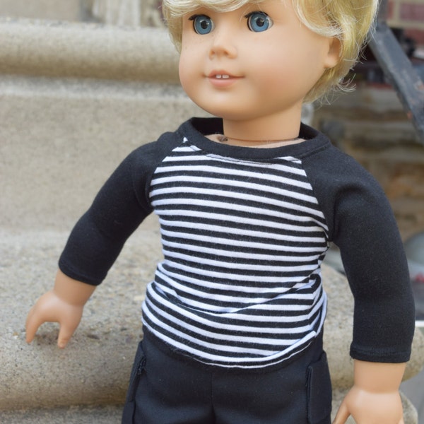 Black and white baseball style tshirt for 18 inch doll clothes (such as the American girl) boy doll clothes