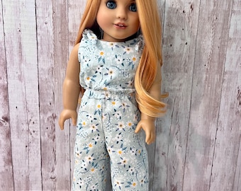 Mint Green Floral One Piece Romper with Shoulder Ties  18 inch doll clothes