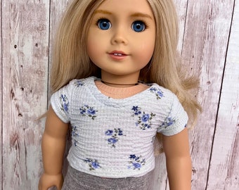 Blue Floral Short Sleeve Tee Crewneck 18 inch doll clothes