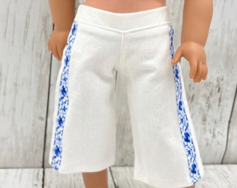 Cropped White Jeans with Blue Floral Ribbon 18 inch doll clothes