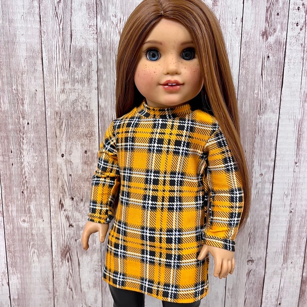 Mustard Yellow Plaid Turtleneck Tunic 18 inch doll dresses 18 inch doll clothes