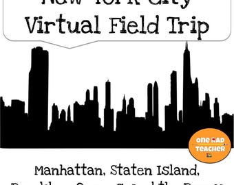 Puede incluir: Un gráfico con una silueta negra del horizonte de la ciudad de Nueva York bajo un globo de texto con el texto New York City Virtual Field Trip. Debajo del horizonte aparece el texto Manhattan, Staten Island, Brooklyn, Queens, and the Bronx.