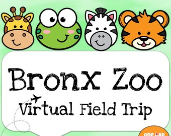 Puede incluir: Un gráfico con cabezas de dibujos animados de una jirafa, una rana, una cebra y un tigre sobre un bocadillo blanco con el texto Bronx Zoo Virtual Field Trip y un pequeño icono de avión. Un logotipo naranja dice one RAD TEACHER.