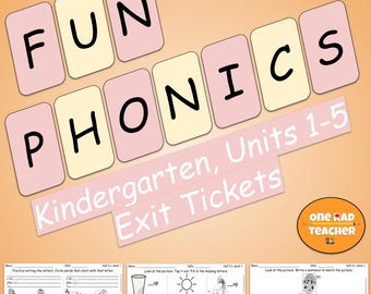 Puede incluir: Hojas de trabajo educativas de fonética tituladas Fun Phonics Kindergarten Units 1-5 Exit Tickets. Los materiales presentan ilustraciones en blanco y negro de objetos como un sol, una taza y animales, con líneas para ejercicios.