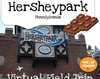 Puede incluir: Una entrada de edificio de ladrillo con un letrero de Hersheypark Pennsylvania, un gráfico de barra de chocolate y un globo de texto con el texto Hersheypark Pennsylvania. Un logo naranja circular dice one rad teacher y Virtual Field Trip.
